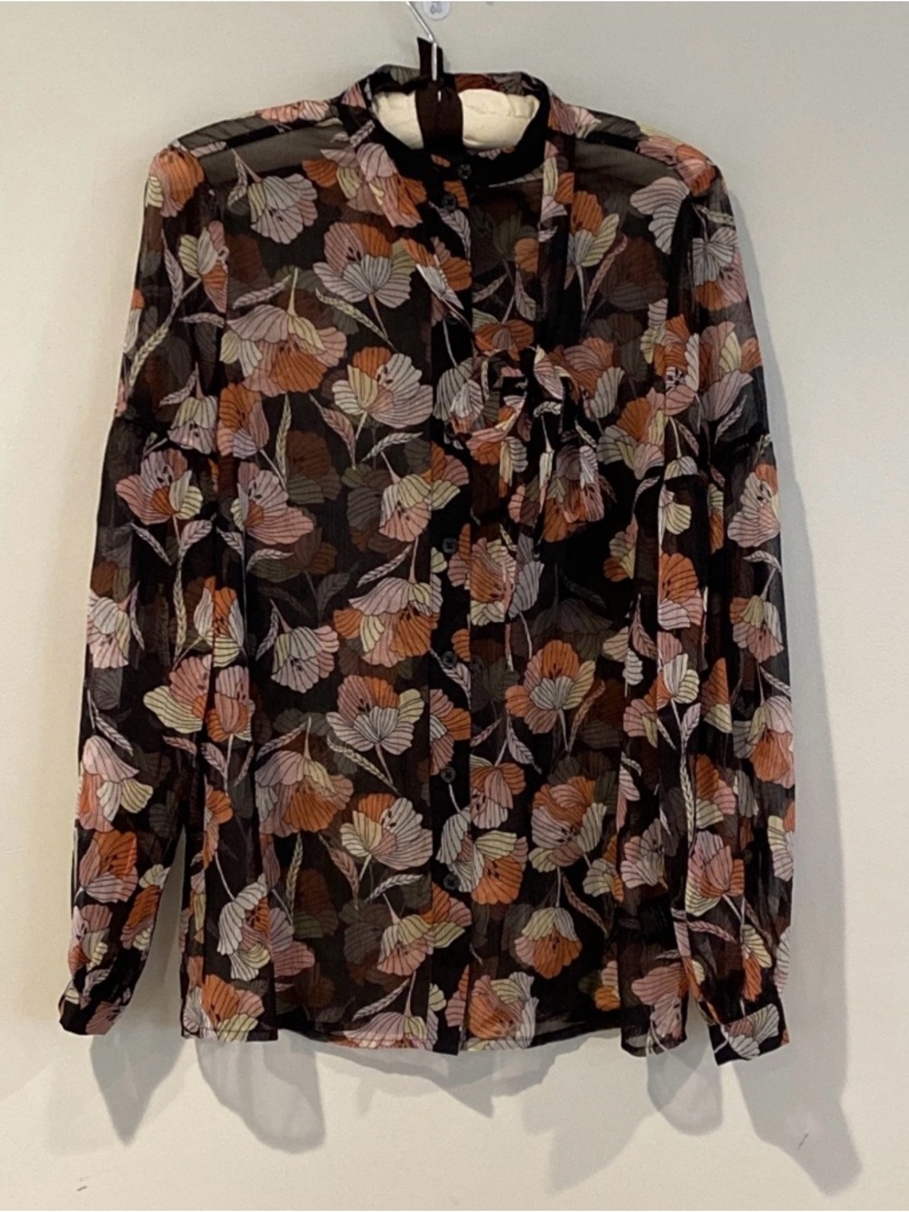 womens sheer blouse black pink poppy floral size XS Who What Wear